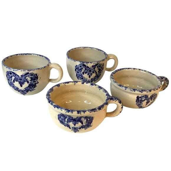 YESTERYEARS MARSHALL POTTERY Blue Heart Stoneware Mug Soup Crock Set Rustic USA - Picture 1 of 16